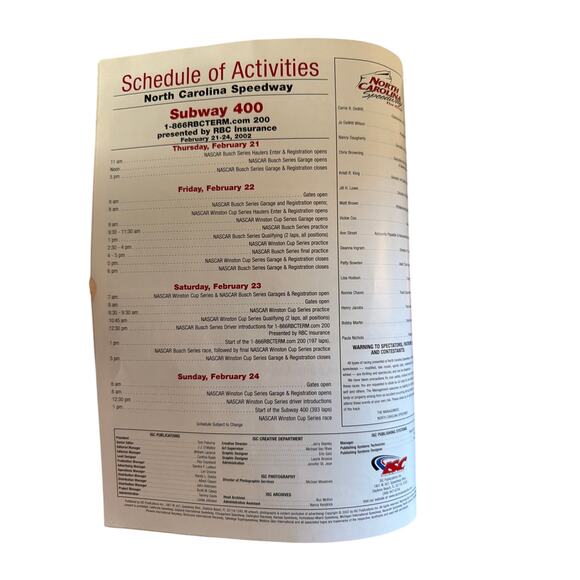 NASCAR Subway 400 at the Rock Souvenir Program February 2002 North Carolina Gift - Picture 6 of 8